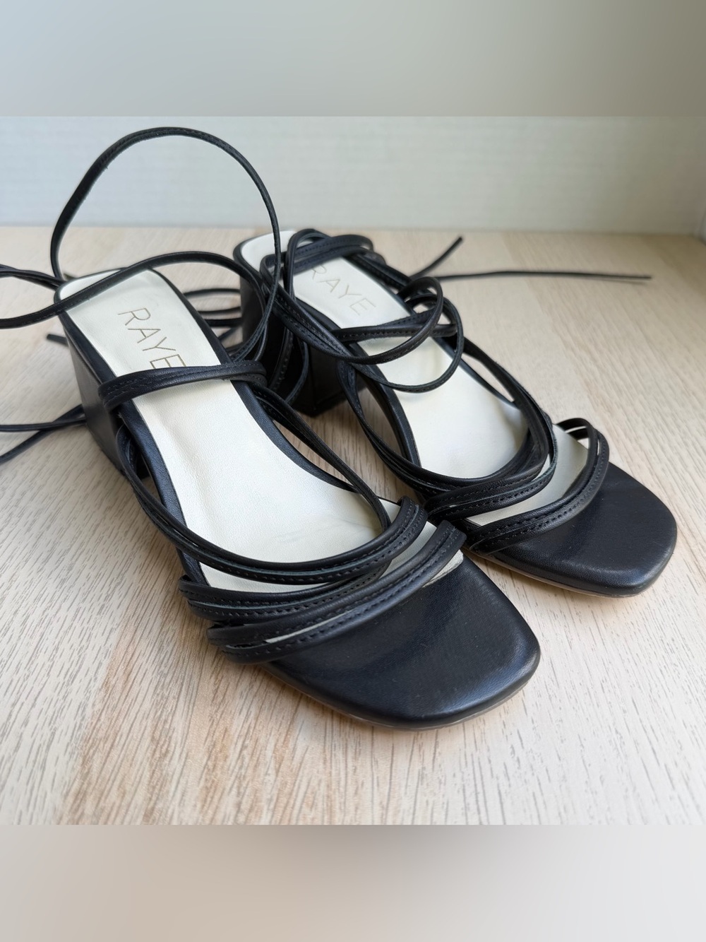 RAYE Black Lace Up Strappy Block Heel Sandals Women’s 6 Leather Square Toe